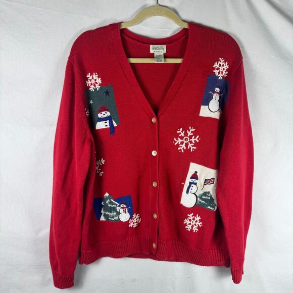 VTG Classic Elements 16-18W Snowman Button Down Cardigan, Red Christmas Holidays - Picture 1 of 8
